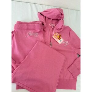 Juicy Couture Pink Knit Tracksuit Set Rhinestone Logo Zip Hoodie Flare Pants XL